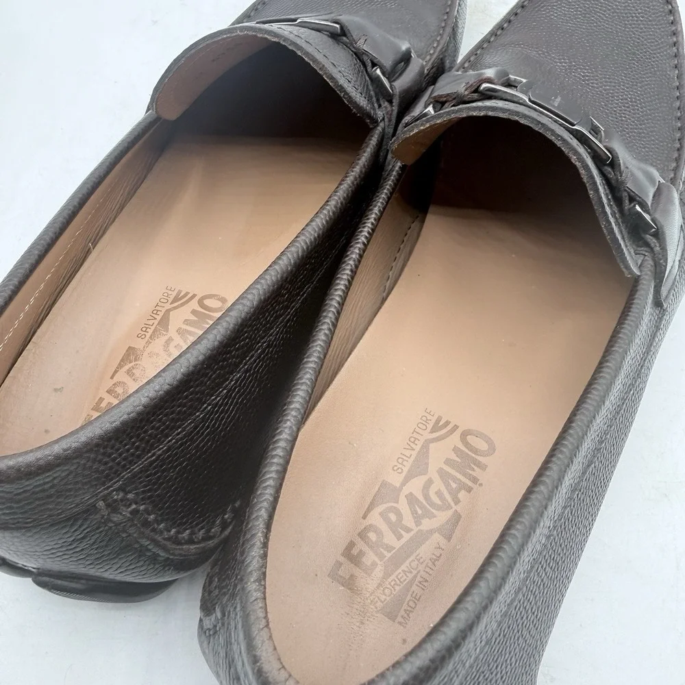 Salvatore Ferragamo Sardegna Brown Pebbled‎ Leather Driving Loafers Men's 10.5 D